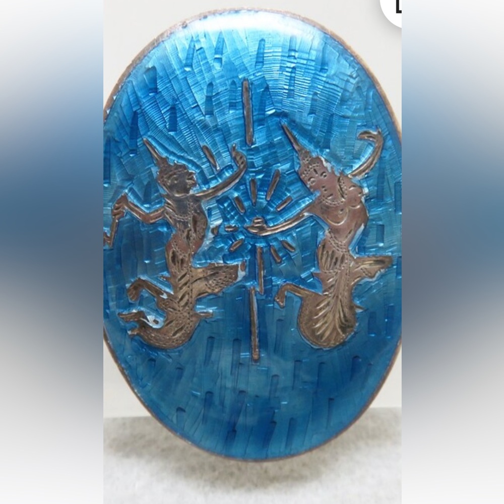 Vintage Sterling Silver Siam Niello Blue Enamel Brooch